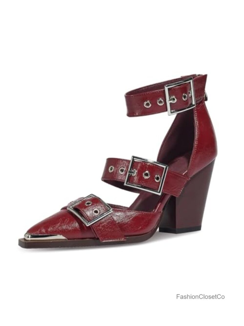 Pointed Toe Pumps Chunky Wedge Heels Ankle Strap Western Sandals Buckle